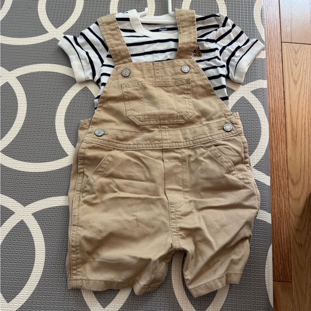 GAP baby Tan Overalls with Striped Shirt Set 18-24 months